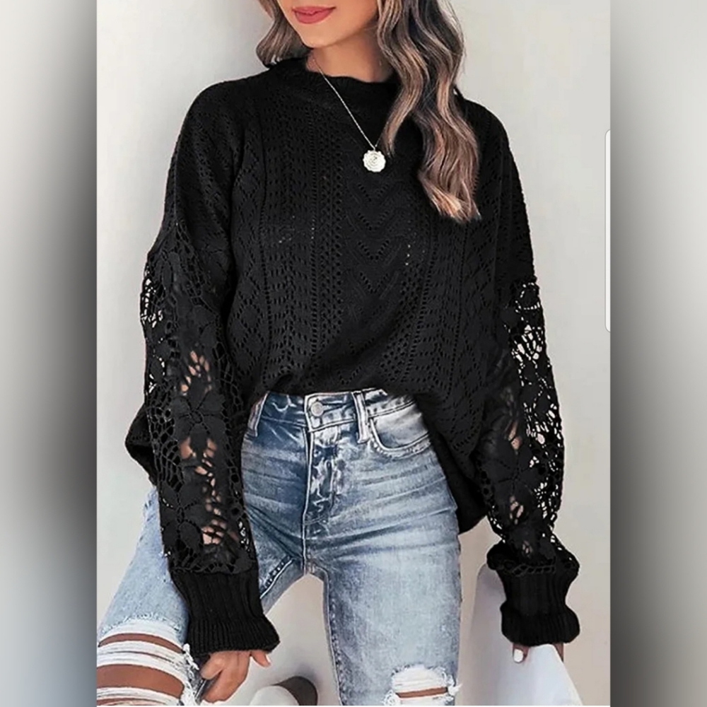 🌨Women Lace Crochet Long Sleeve Crewneck Sweaters - Picture 2 of 5